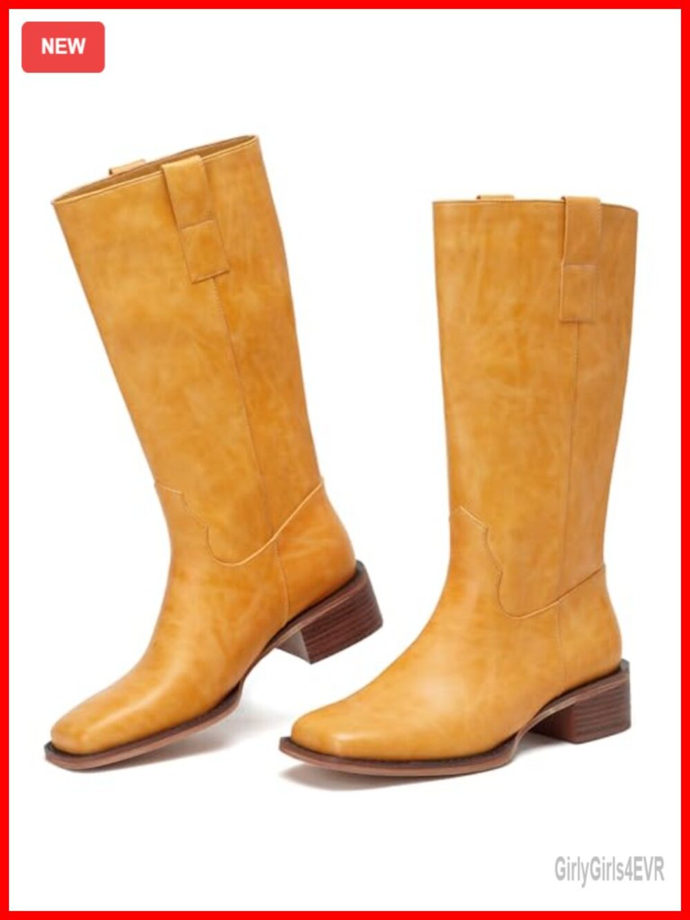 Women Mid Calf Riding Boots Chunky Block Heel Square Toe Pull On